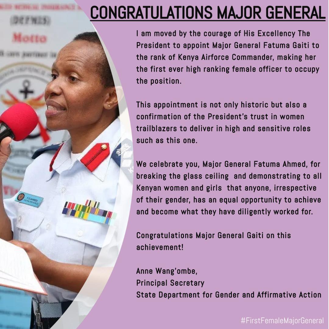 A message of congratulations from @gender_ke Principal Secretary @PSAnneWangombe_ to the first female Kenya Airforce Commander. @kdfinfo