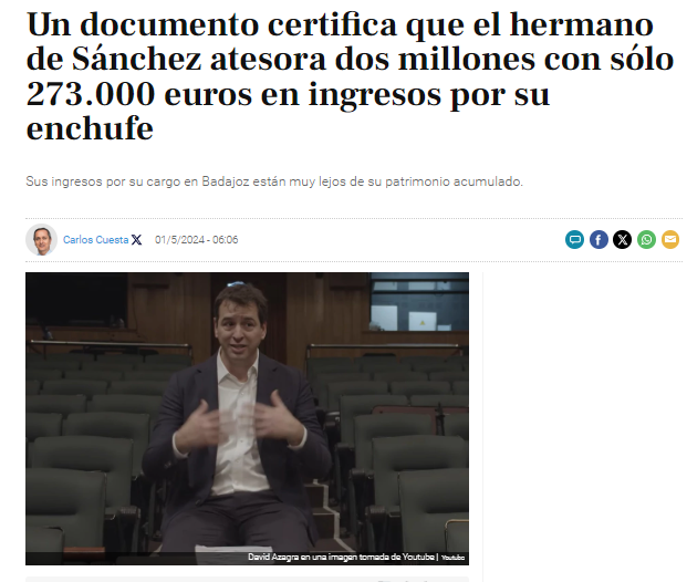 📢📢📢📢📢📢Un documento certifica que el hermano del #culorotopor7votos @sanchezcastejon  atesora dos millones con sólo 273.000 euros en ingresos por su enchufe
Sus ingresos por su cargo en Badajoz están muy lejos de su patrimonio acumulado.
libertaddigital.com/espana/2024-05… 

#Fachosfera…