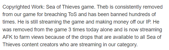 this is next level fucking petty rare. they've taken down my twitch account all because i was banned 4 years ago when i was fucking 15. <a href="/TwitchSupport/">Twitch Support</a> #SeaOfThieves