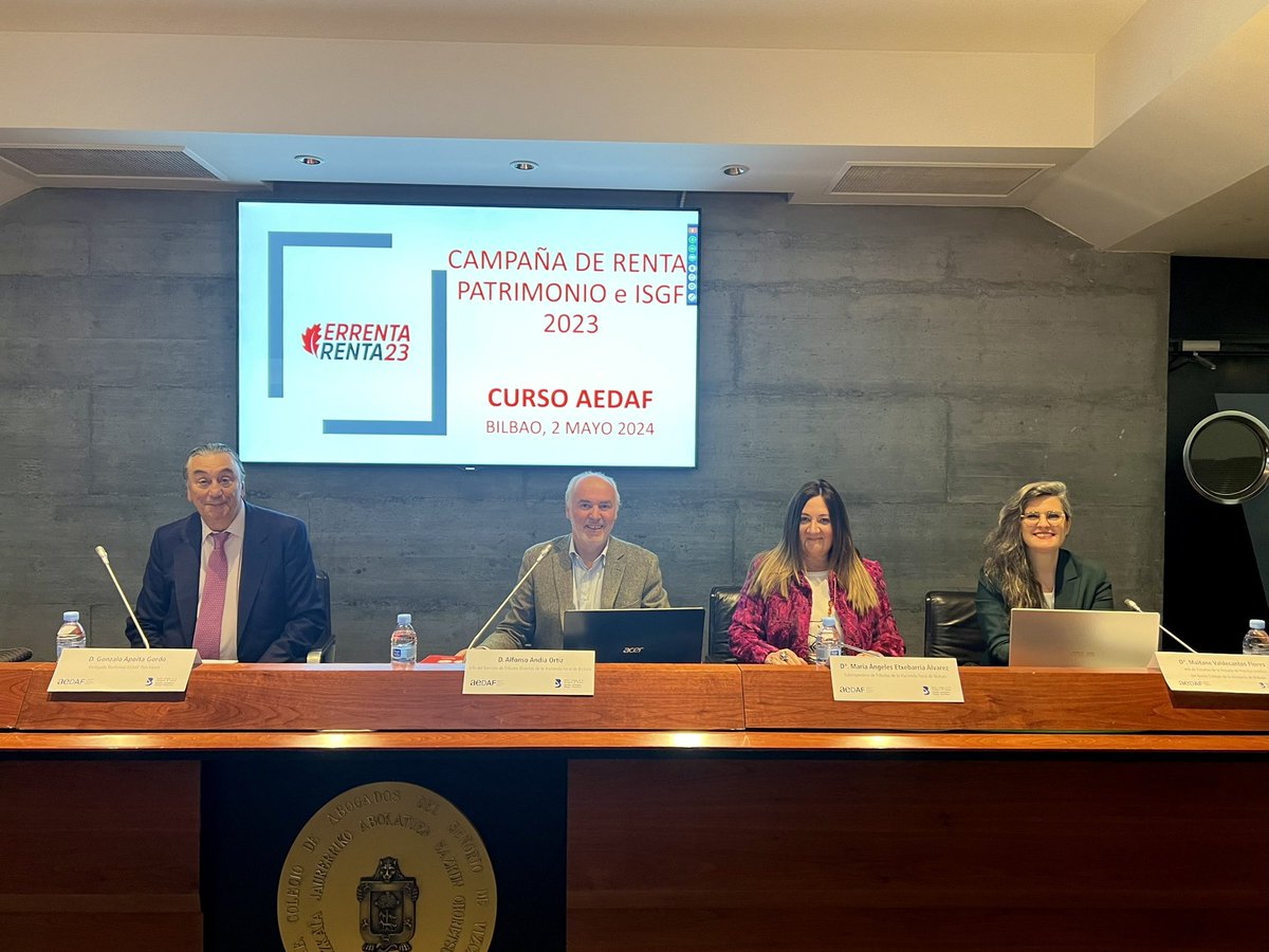 Escuela de práctica jurídica del ICA Bizkaia (@epjicabizkaia) on Twitter photo Comienza la sesión de <a href="/AEDAF/">AEDAF</a> <a href="/icabizkaia/">Ilustre Colegio de la Abogacía de Bizkaia</a> sobre campaña renta y patrimonio 2023 con Alfonso Andía, Jefe del Servicio de Tributos, y Mª Ángeles Etxebarría, Subinspectora de Tributos, ambos de la Hª Foral de Bizkaia.
Presenta Gonzalo Apoita y modera <a href="/maivaldeflores/">Maitane Valdecantos</a>.
#FormaciónEPJ Comienza la sesión de <a href="/AEDAF/">AEDAF</a> <a href="/icabizkaia/">Ilustre Colegio de la Abogacía de Bizkaia</a> sobre campaña renta y patrimonio 2023 con Alfonso Andía, Jefe del Servicio de Tributos, y Mª Ángeles Etxebarría, Subinspectora de Tributos, ambos de la Hª Foral de Bizkaia.
Presenta Gonzalo Apoita y modera <a href="/maivaldeflores/">Maitane Valdecantos</a>.
#FormaciónEPJ