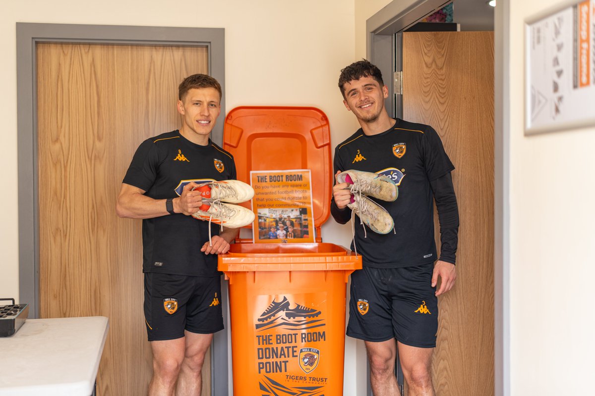 Thanks to @HullCity's @Gregdocherty96 & @ryangiles7 for generously donating some of their football boots to our Boot Room donation point at the Hull City Training Ground. These boots will help break down barriers to sports participation within our local community. 🧡 #hcafc