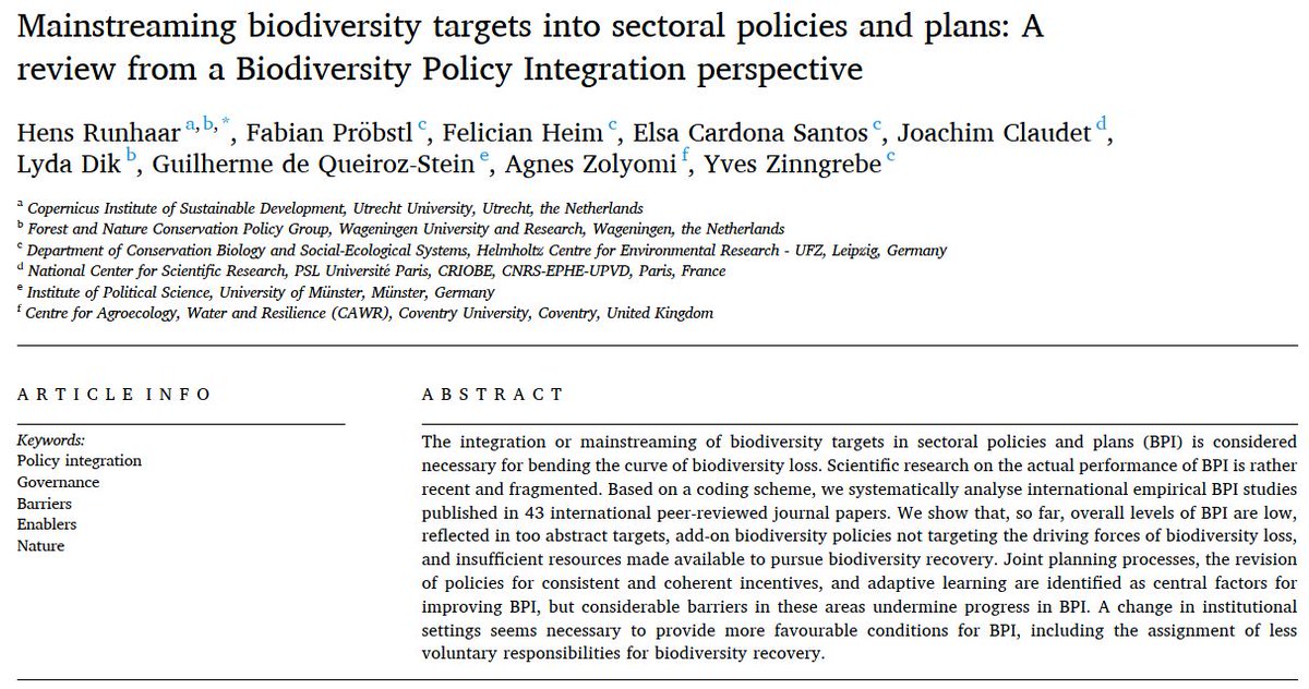 🚨Paper Alert🚨 ⚠️#Biodiversity #Policy Integration (BPI) low globally: 🎯abstract targets ⚡️not targeting biodiversity loss drivers 💰insufficient resources 👉Improving BPI: 🤝Joint planning processes 📰revision of incentives ➰adaptive learning sciencedirect.com/science/articl…
