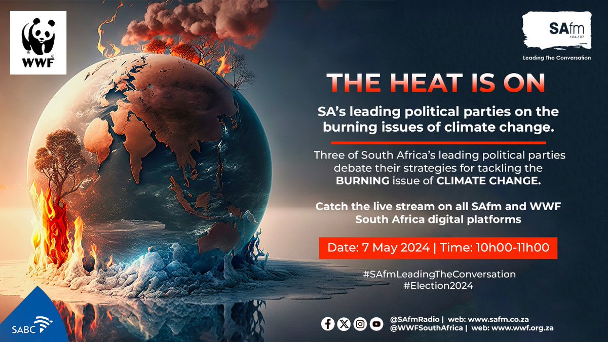 The heat is on! 🗳️🔥 South Africa’s leading political parties @MyAnc @Our_DA @EFFSouthAfrica debate their strategies for tackling the burning issue of climate change. 🗣️🌍🌡️ ⏰ Tune in on 7 May from 10h00-11h00! #Elections2024 @SAfmRadio