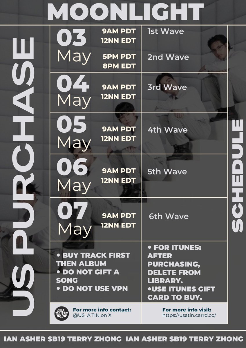 💥For A'TIN and SB19 supporters in the US🇺🇸, we will follow the following schedule:

First Wave: May 3, Friday 9AM PDT/12NN EDT
2nd Wave: May 3, Friday 5PM PDT/8PM EDT
3rd Wave: May 4, Saturday 9AM PDT/12NN EDT
4th Wave: May 5, Sunday 9AM PDT/12NN EDT
5th Wave: May 6, Monday 9AM…