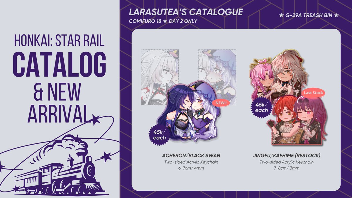 Larasutea's CF18 Full Catalogue! (re-up) Hi! This is my catalogue for the upcoming CF18! 🔥 🟡: Treash Bin / G-29a (day 2 only) 📬: available for mail orders and OTS booking 🏘️: Path to Nowhere / PTN, Azur Lane, Honkai Star Rail / HSR, Arknights #comifuro18catalogue #cf18