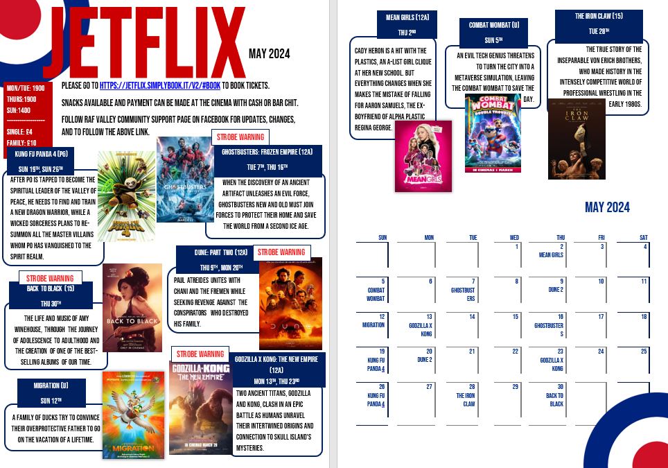 Jetflix - RAF Valley Cinema - showings for May 24.
Movies include Dune 2, Back to Black, and Kung Fu Panda 4! Snacks available from the cinema with payment with cash or bar chit! What movie are you most looking forward to!? #StationCinema #RAFValleyJetflix #NewMovies

@RAFHIVE