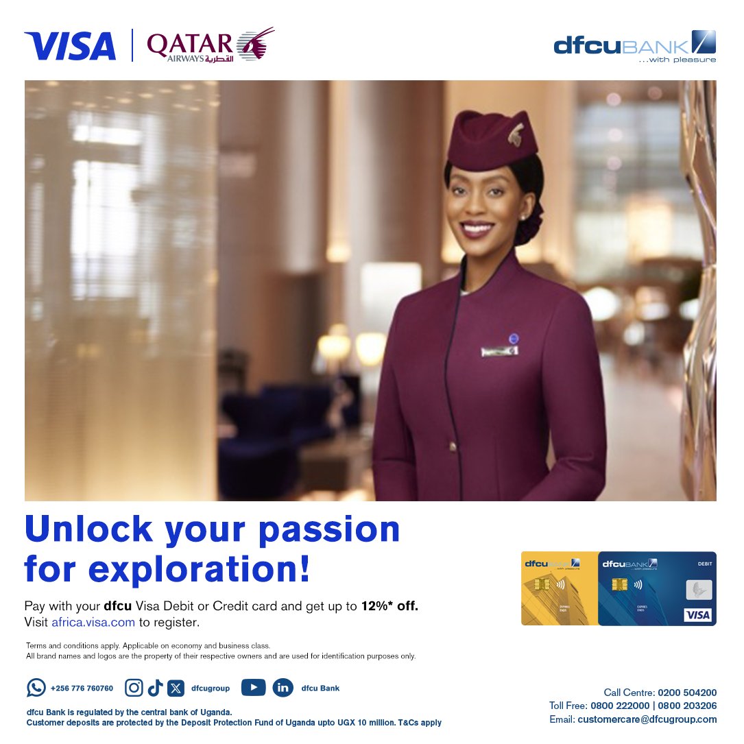 Treat your mother to an unforgettable Mother's Day this year by surprising her with a trip of her choice. Book a flight through Qatar Airways with your dfcu Visa Debit or Credit Card to enjoy a 12%* discount. Visit africa.visa.com to sign up or call toll-free 0800 222000