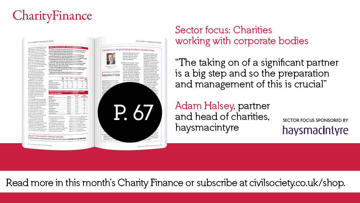 Sector focus: Charities working with corporate bodies. Read guidance on taking on corporate partnerships from @haysmacintyre's Adam Halsey in the May issue of Charity Finance and online at - civilsociety.co.uk/finance/sector…