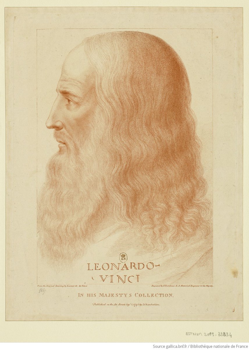 On ne présente plus Léonard de Vinci , mort le 2 mai 1519. Ce superbe portrait a été gravé par Francesco Bartolozzi et publié en 1795, sur la base d’un dessin original de Léonard de Vinci ! À retrouver sur Gallica 👉 c.bnf.fr/TVD
