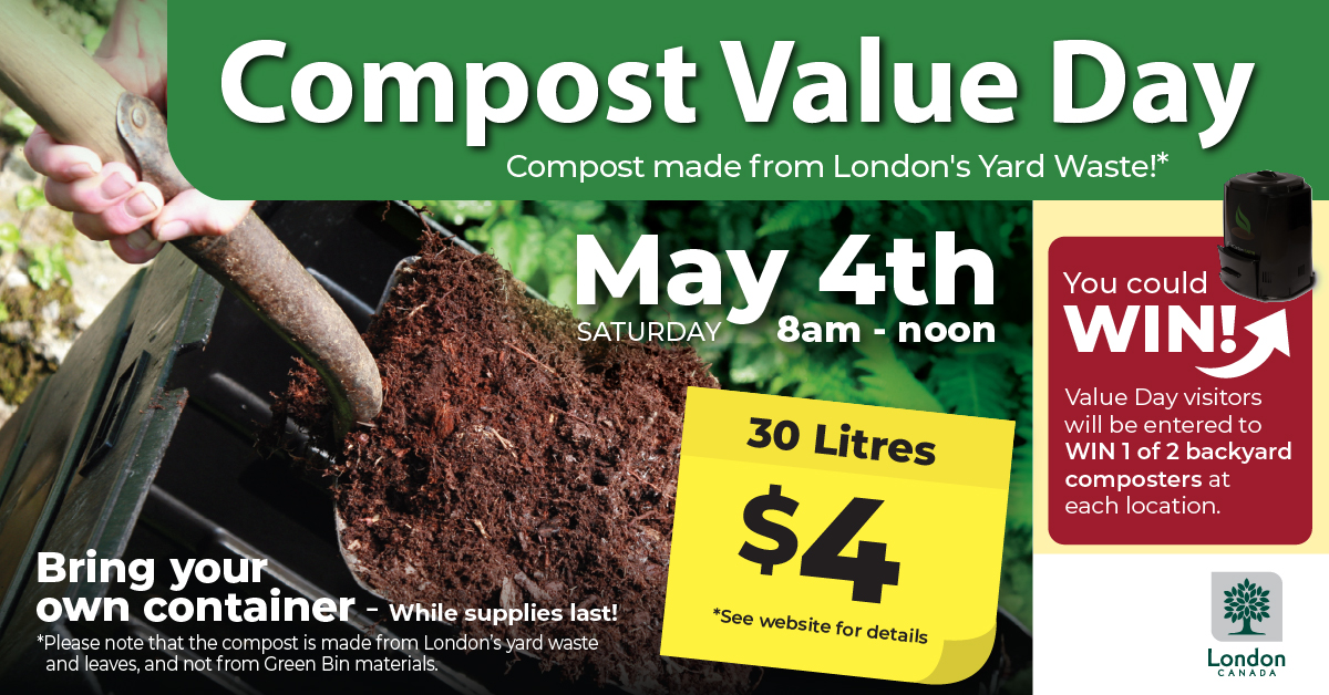 This Saturday is Compost Value Day (May 4, 2024). Bring your own containers to the locations listed below between 8 a.m. and 12 p.m. and get compost made from London’s yard waste and leaves, till supplies last!
/1

#LdnOntClimateAction | #LdnOnt