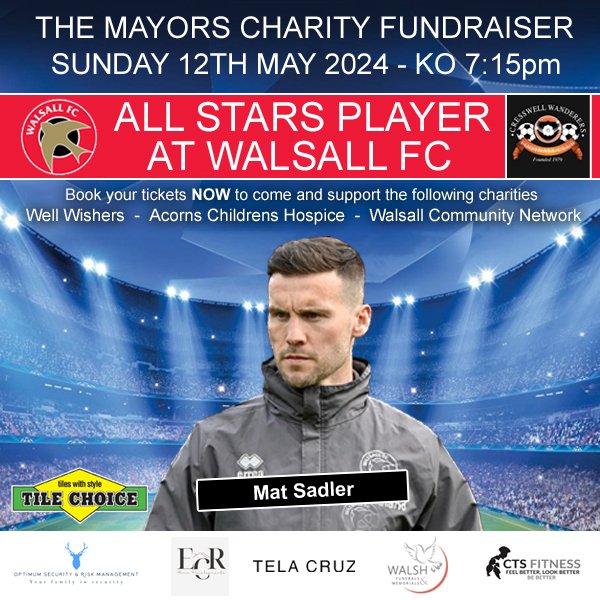 ⚽️ Mat Sadler and a number of other Midlands football legends will be playing in The Mayors Charity Fundraiser on Sunday 12th May at the Poundland Bescot Stadium! It's set to be a fantastic occasion, raising money for some great causes! Tickets 👉shorturl.at/vHK39