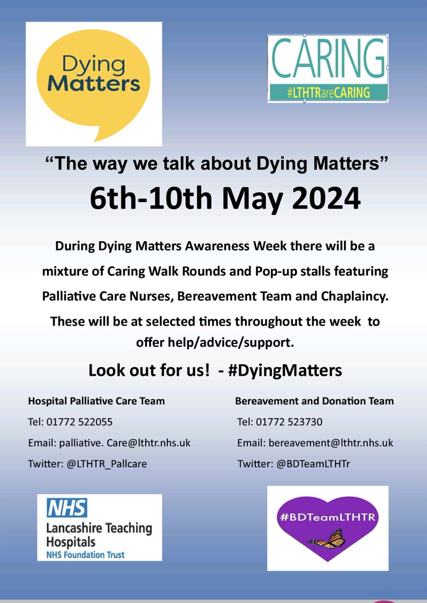 Next week is #dyingmatters week, please keep an eye out for our staff manning stalls and walking the wards, for all your Questions. @LTHTRareCARING