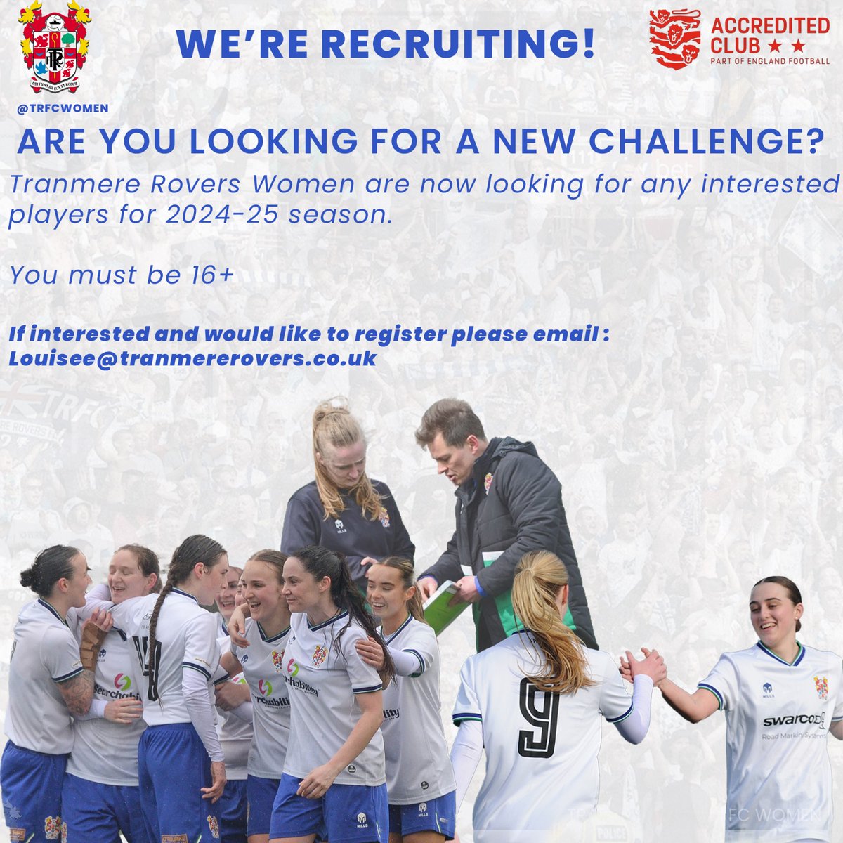 ⚽️Are you looking for a new challenge? At Tranmere Rovers Women we are looking to recruit players for the 2024-25 Season. Please email LouiseE@tranmererovers.co.uk to register your interest today. #TRFC #SWA