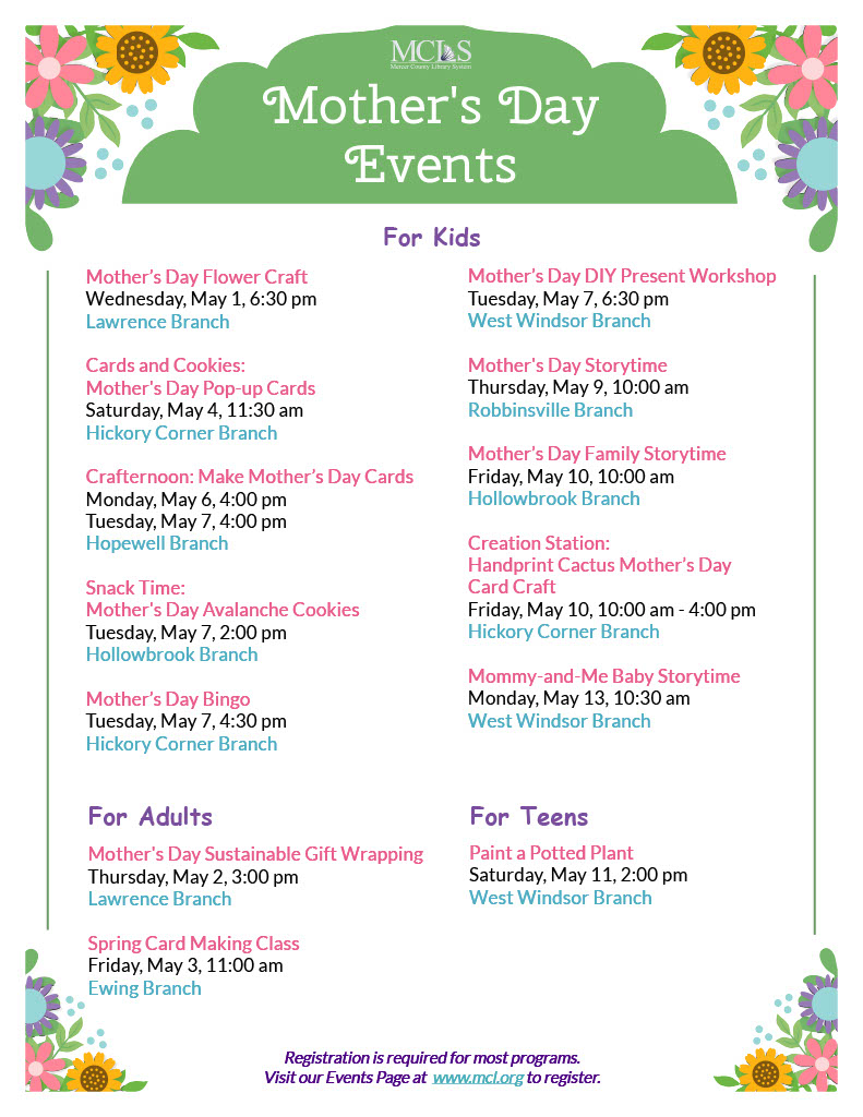 May is here and filled with Mother's Day themed events to help you celebrate. From crafts, to cards and cookies, to storytime and card-making, we've got it all: Check them out here and register on our Events Page: eventkeeper.com/mars/xpages/m/… #mothersday #mothersdaygift #mcls
