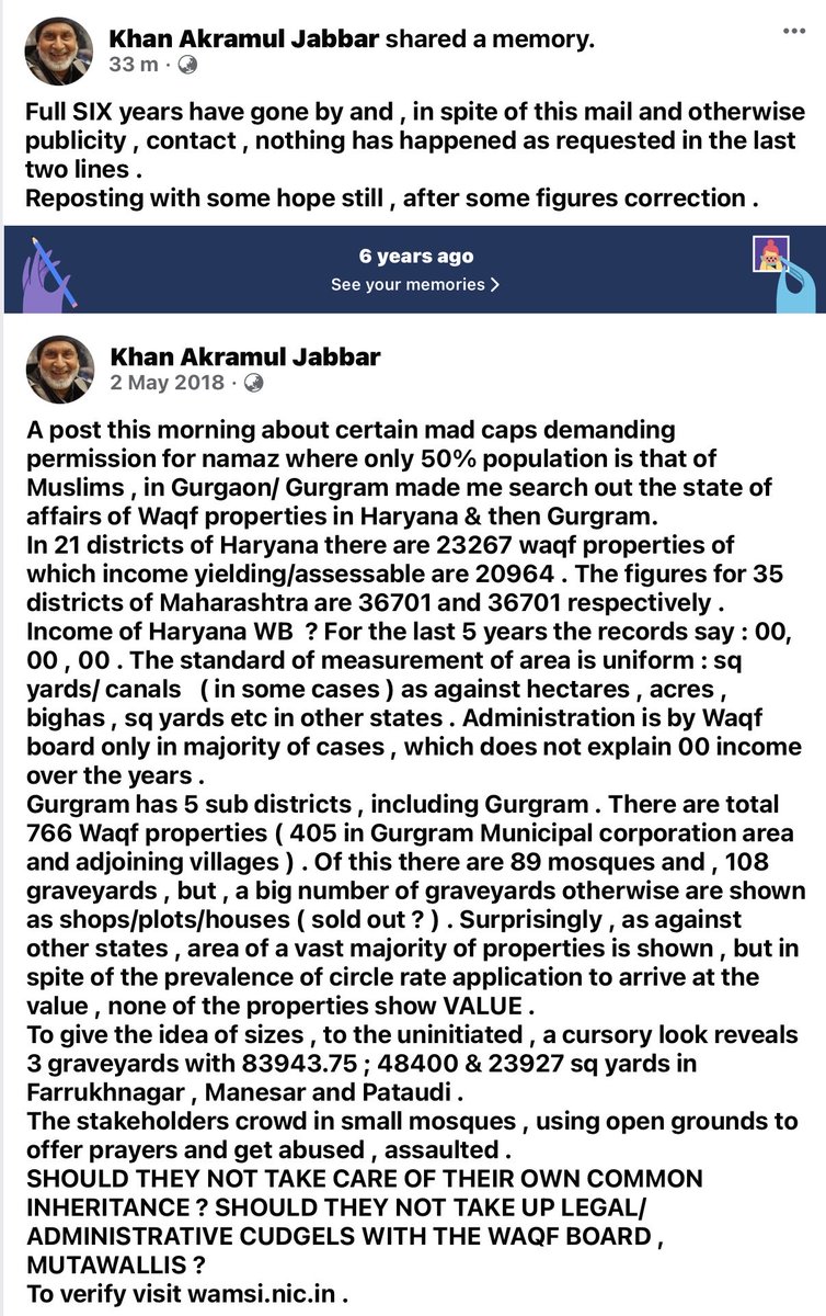 Haryana/Gurgaon Waqf properties & 0000 income ( reflected in wamsi.nic,in ) 6 years ago and as on date .
The educated , well to do , better off and sensitive of the community , particularly pensioners , can take up cudgels . Would they ?