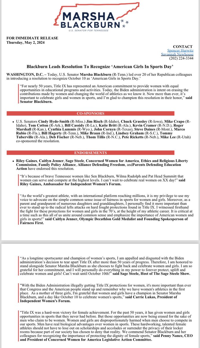 I bet not one Democrat will support this Resolution, to recognize ‘American Girls in Sports Day’. This shouldn’t be partisan- it’s just common sense- and needed now more than ever, with the Biden destruction of Title IX. Read my full statement below: