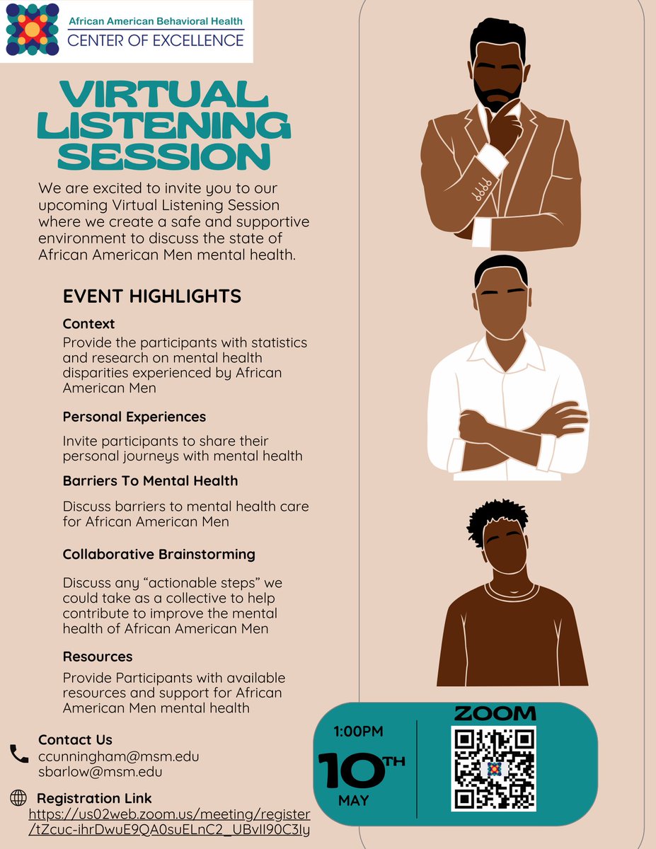 🎧 LISTENING SESSION 🎧
Join us next Friday, May 10th at 1:00 pm EST for our Virtual Listening Session for African American Men. 

Register using the link: us02web.zoom.us/meeting/regist…

#africanamerican #behavioralhealth #centerofexcellence #africanamericanmen #listeningsession