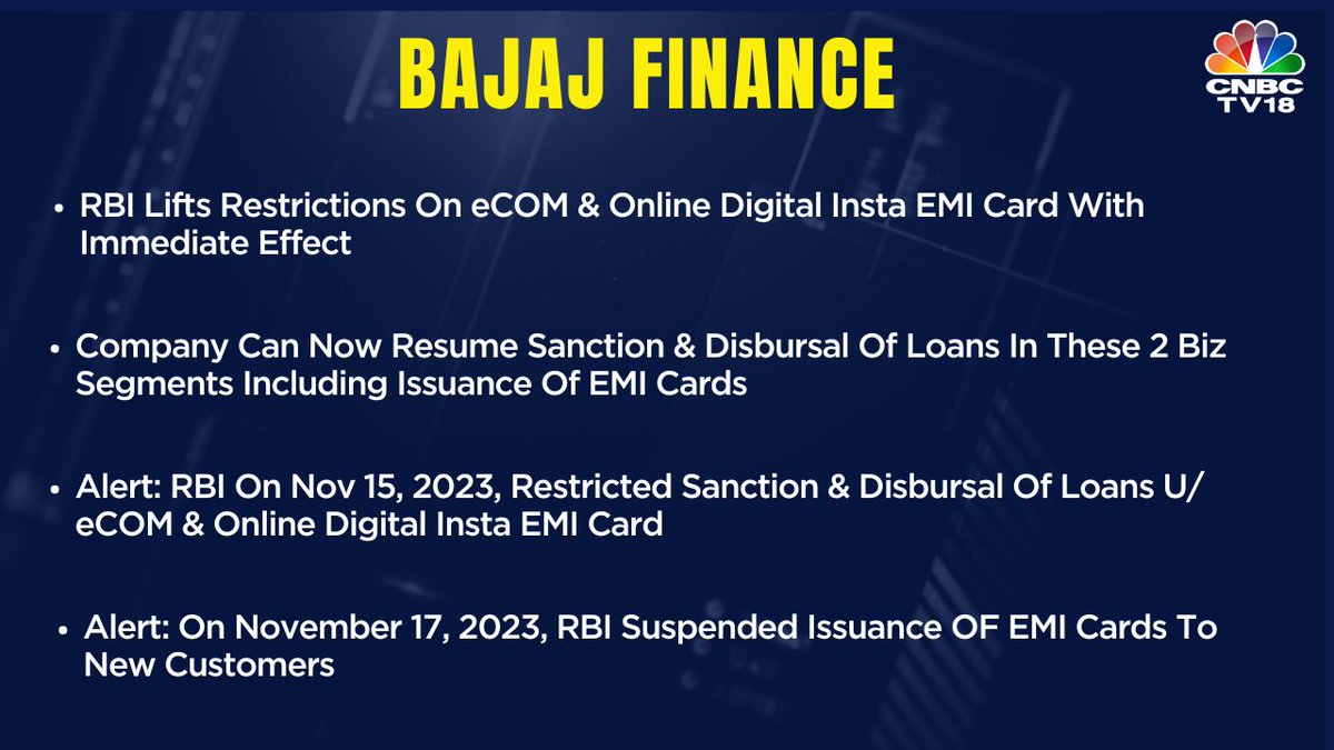 #JustIn | Bajaj Finance: @RBI lifts restrictions on eCOM & online digital insta EMI card with immediate effect. Company can now resume sanction & disbursal of loans in these 2 biz segments including issuance of EMI cards