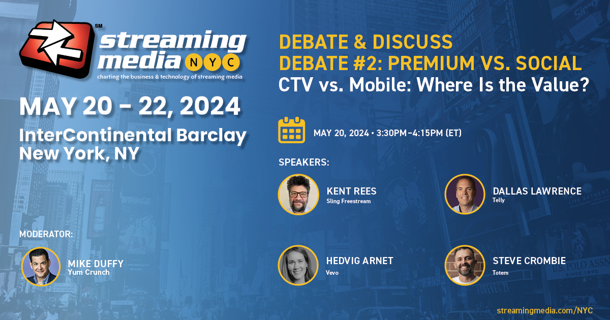 Join us at #StreamingNYC for a Debate on Premium vs. Social from speakers Kent Ress, @Sling, Hedvig Arnet, @Vevo, Dallas Lawrence, #telly, Steve Crombie, @WeAreTotem. Register today, use code SMNYC24! ow.ly/Zwl750RuMUp