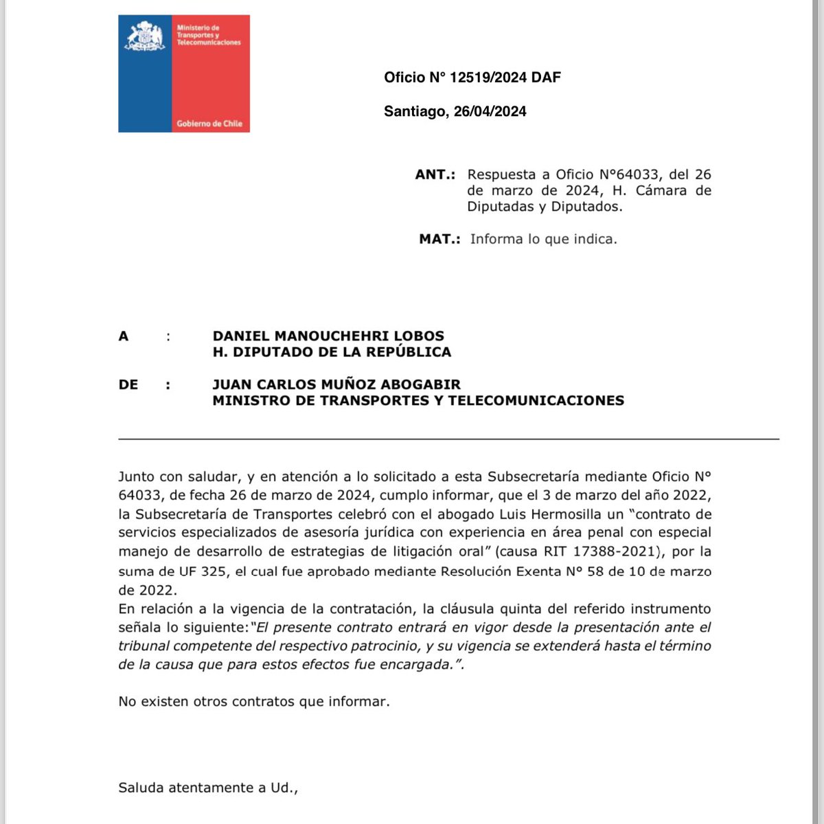 Escandaloso! Descubrimos otro pago del gobierno de Piñera a Hermosilla. Esta vez con ministerio de Transporte. Al igual que los ctos con el ministerio de Defensa, Salud e interior, amarrados el último día de gobierno. Mismo monto. 
Estos eran pagos solo por este servicio? O…