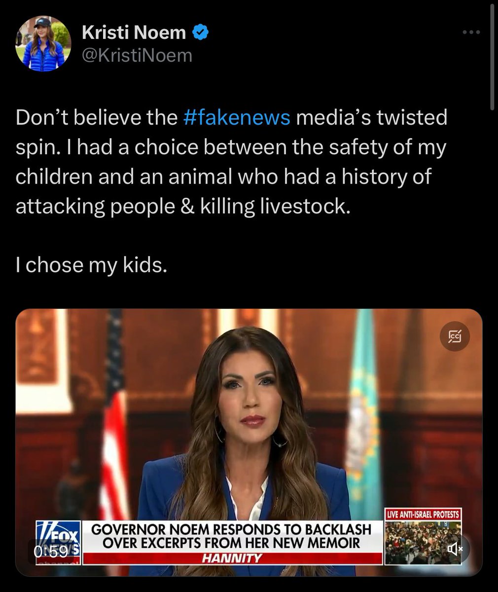 Don’t believe Kristi Noem’s twisted spin. The puppy she murdered posed no threat to her children and did not have a “history of attacking people & killing livestock.” He did go after some chickens once. Dogs do that kind of stuff.

She chose murder.
