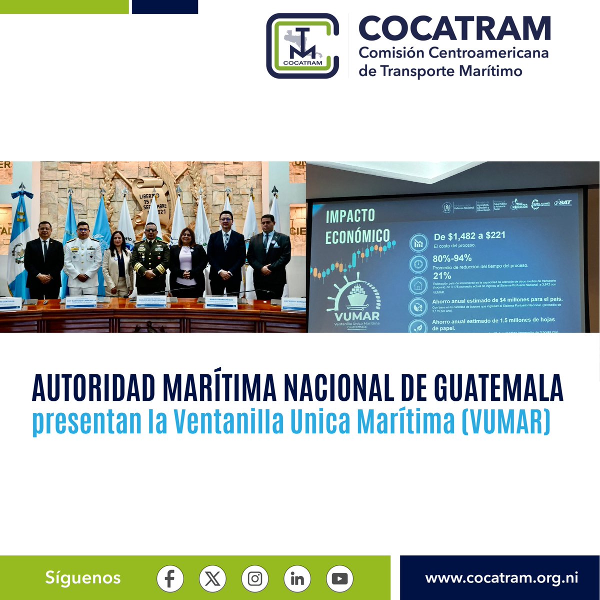 Felicitamos a las autoridades nacionales de Guatemala, responsables de la implementación de la Ventanilla Única Marítima (VUMAR) oficialmente presentada por la Autoridad Marítima Nacional en el Centro de Conferencias del Ministerio de la Defensa Nacional @Ejercito_GT