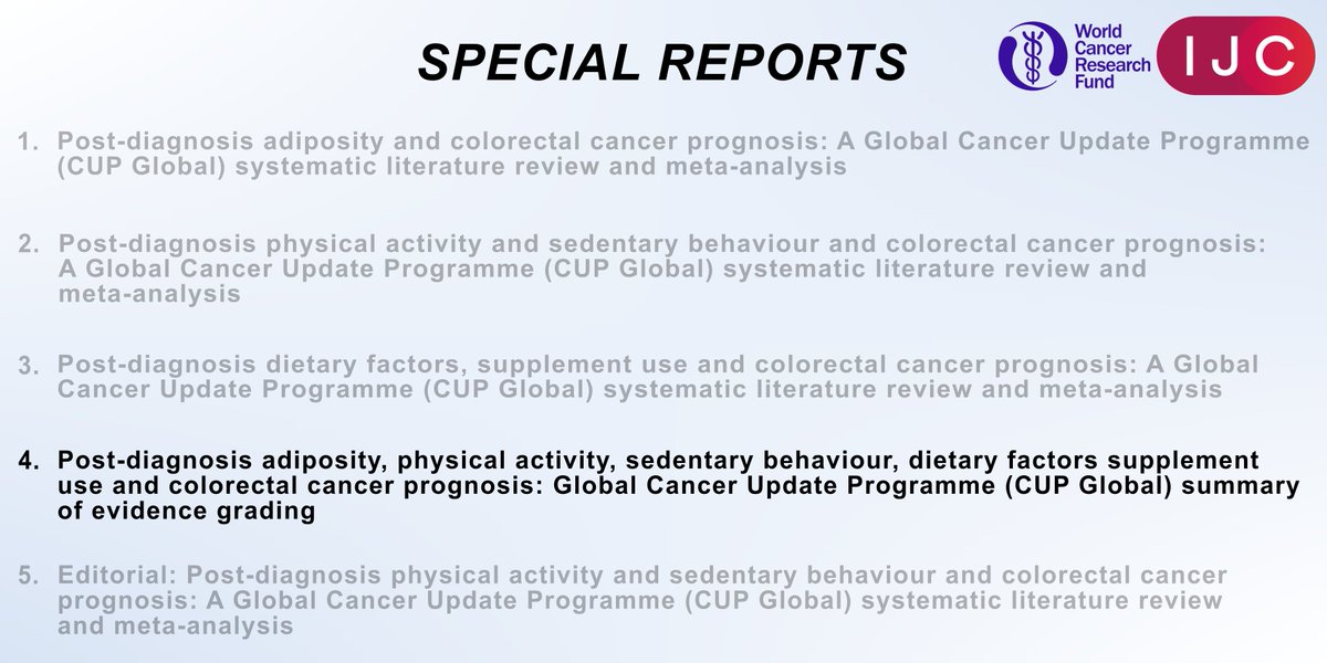 NOW ONLINE Special report by @wcrfint, @WCRF_UK summarizes the links between lifestyle factors like weight, activity, diet, and #colorectalcancer survival & underscores the need for bigger studies that would support the conclusions 🔓➡️doi.org/10.1002/ijc.34…