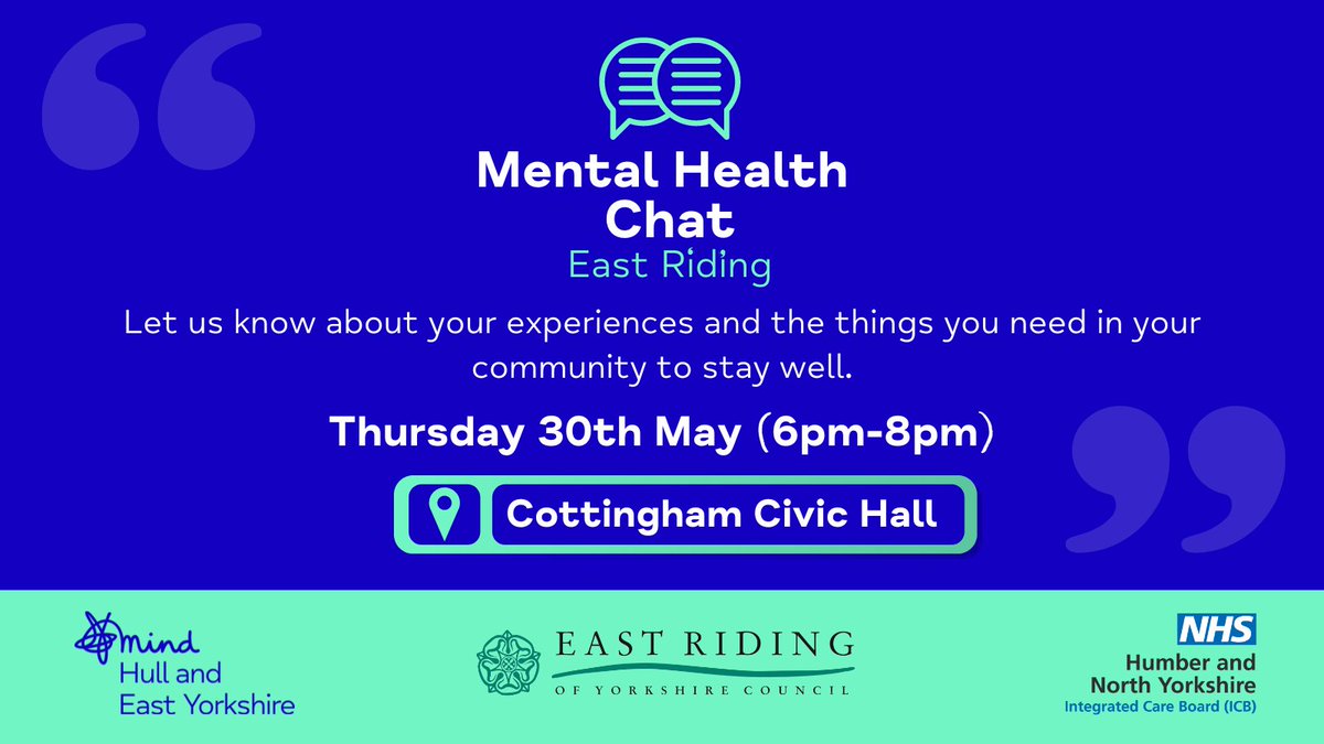 Exciting news! Mental Health Chats - East Riding is back! 🎉 Hosted by Hull and East Yorkshire Mind, in partnership with @East_Riding & @HNYPartnership, this is your space to share experiences and discuss community support you need. No booking required, just show up!