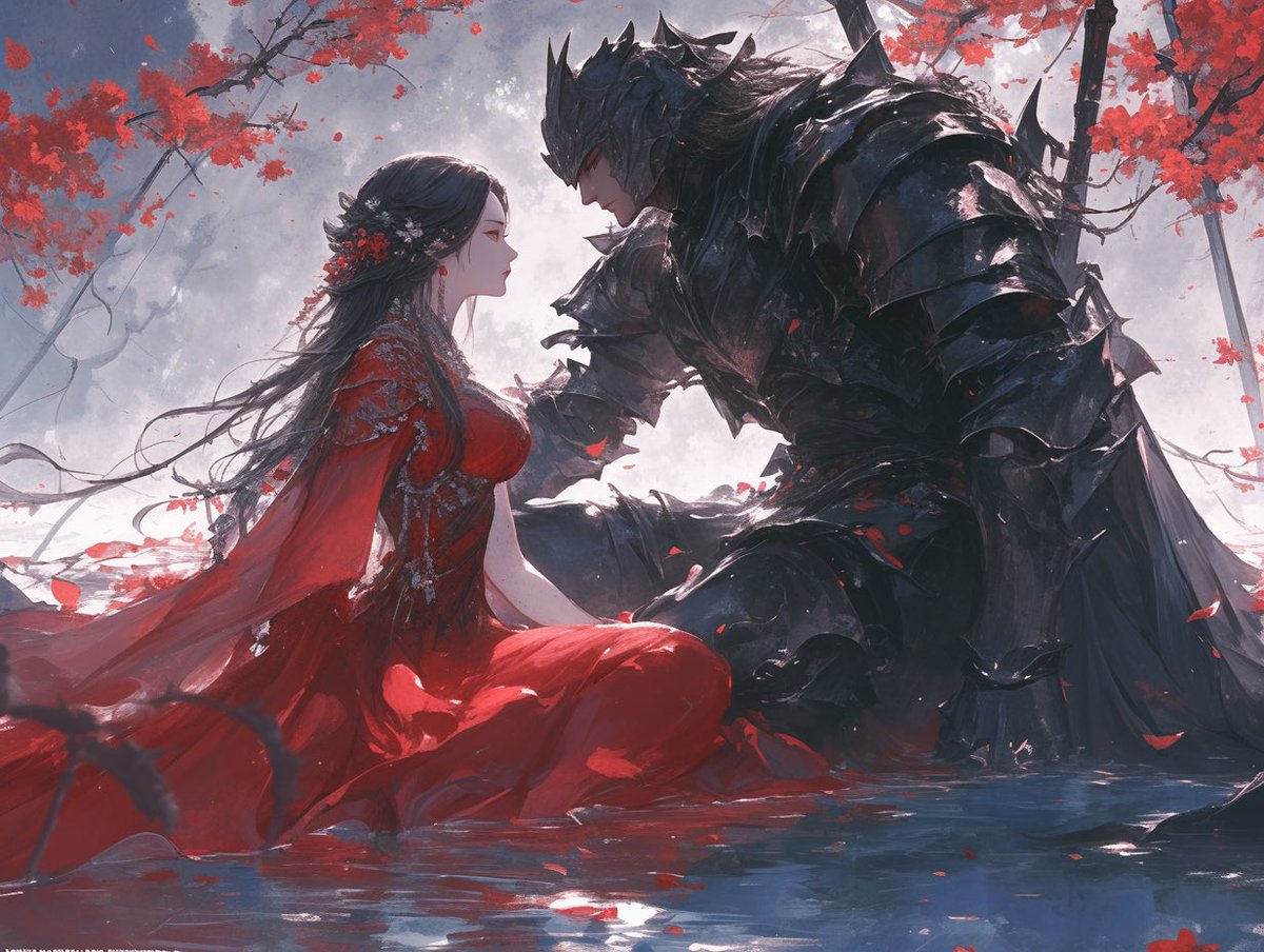 The young man of the black fish and the bride in red sat by the water, surrounded by thorns blooming crimson flowers, as she recounted her tale. 🩸🐟👰🏻‍♀️ #aiartcommunity #AIart