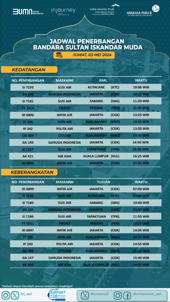 Selamat malam Sahabat BTJ!! Berikut jadwal penerbangan bandara internasional @BTJ_AP2 untuk besok Jum'at, 03 Mei 2024.