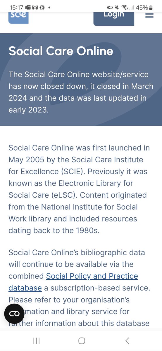 Just found out that the 'social care online' database from @SCIE_socialcare has closed. You can't even access the archive, it's just all gone. Terrible implications for evidence informed practice in social work