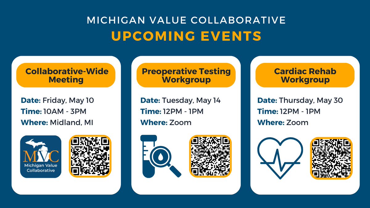 This month MVC will host a series of events for members including a preoperative testing workgroup, cardiac rehabilitation workgroup, and spring collaborative-wide meeting. Scan the QR codes to register for the events and for more information, visit: michiganvalue.org/upcoming-event…