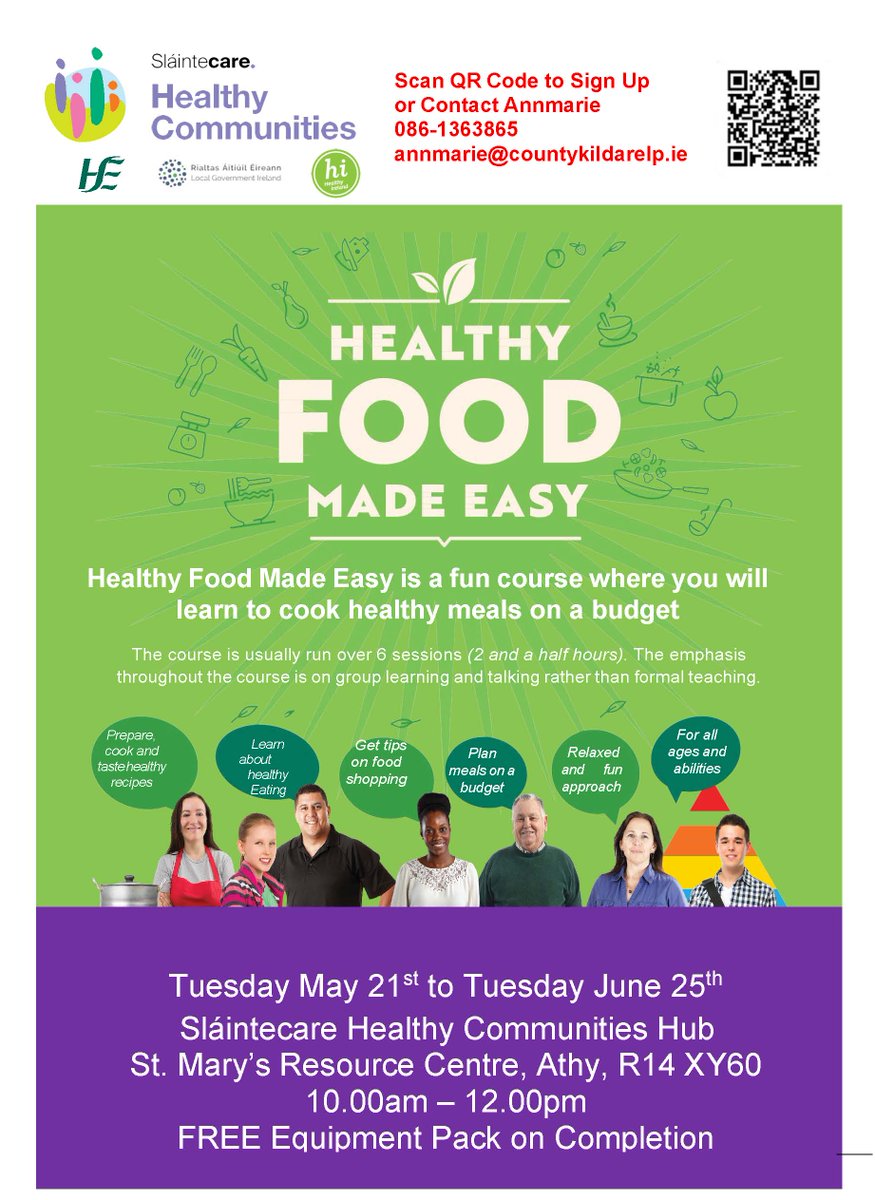 🌟 Healthy Food Made Easy Course - Athy 🌟

🗓️ Tues 21st May - Tues June 25th
🕙 10.00am - 12.00pm
📍 Sláintecare Healthy Communities Athy HUB, R14 XY60

Contact Annmarie - 086-1363865 - or email annmarie@countykildarelp.ie

 #HealthyCommunities #Athy  @slaintecare