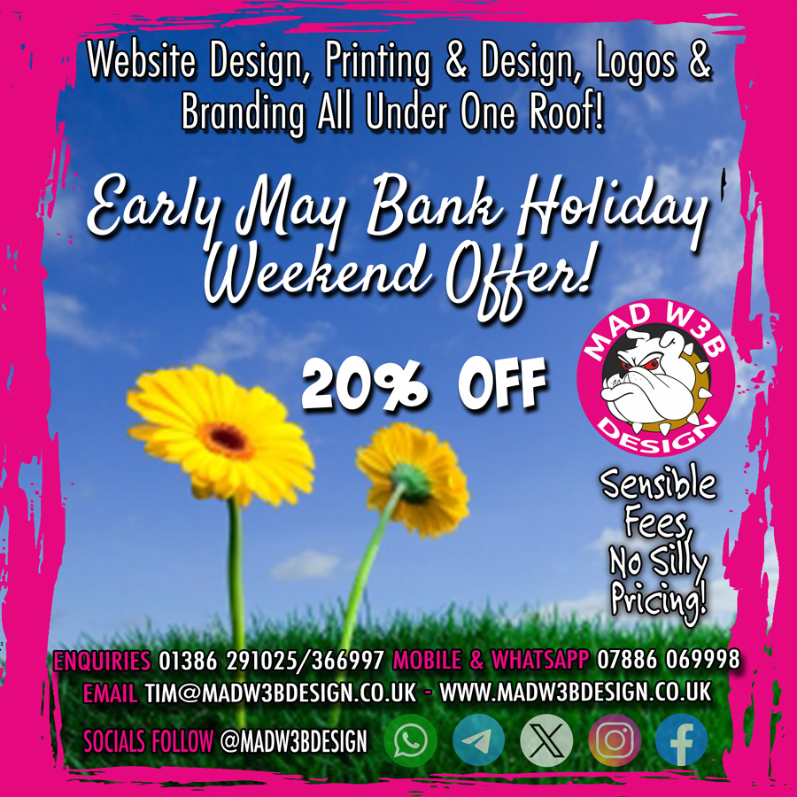 📢Early May Bank Holiday Offer⤵️ 🗣️Mad W3b's unrivalled package 📋20% Discount👀 💷On NEW website orders placed & paid in full by 10/05/2023 ☀️Enjoy the sun while your website works for you 📱Mobile/WhatsApp 07886069998 ☎️01386 291025 🌐madw3bdesign.co.uk/2024/04/11/ear…