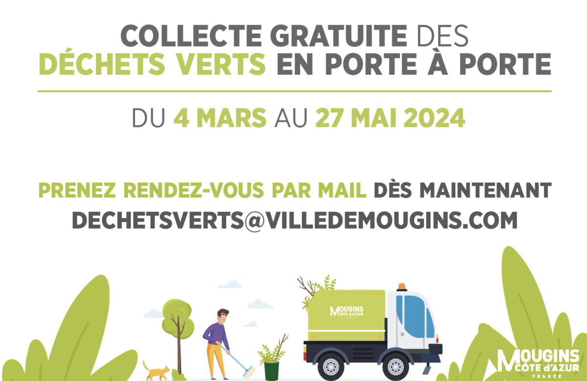 RAPPEL Les équipes #MairiedeMougins collectent vos déchets verts à domicile 🌿 Alors si vous envisagez de tailler, couper... ce week-end ▶️ prenez RDV : dechetsverts@villedemougins.com 💻 ⚠️ Service gratuit pour les Mouginois jusqu'au 27 mai (max) Info 👉 bit.ly/2NfdHvm
