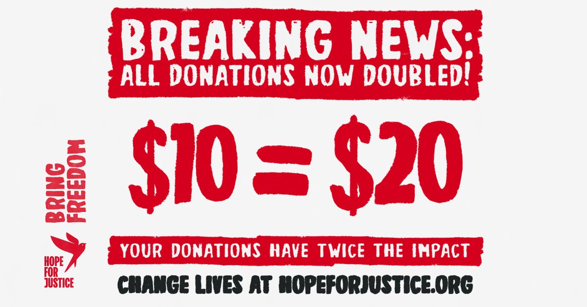 Starting today, every donation made to our Bring Freedom appeal will be DOUBLED through match funding by a generous donor. Double your impact by donating today and help us move one step closer to our goal of bringing freedom to trafficked children. hopeforjustice.org/bring-freedom