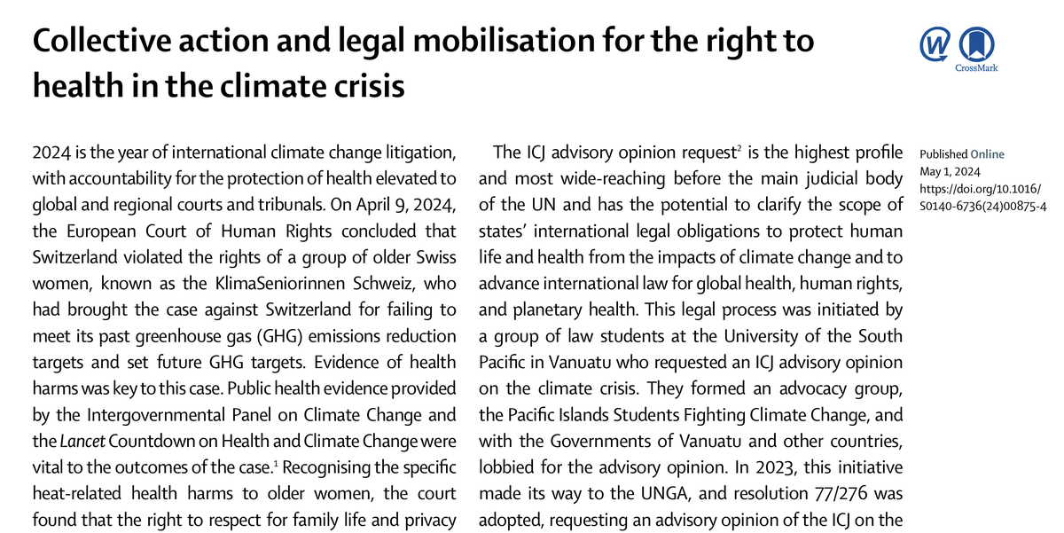 #HumanRights litigation will be crucial in mitigating the health threats of #ClimateChange.
In @TheLancet, @AlexandraPhelan leads us in examining the importance of the International Court of Justice in framing climate obligations under the #RightToHealth. thelancet.com/journals/lance…
