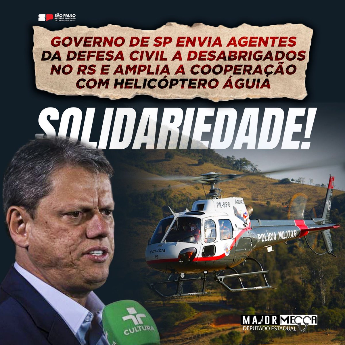 Enquanto não vejo nenhuma grande mobilização por parte do Governo Federal, a qual a situação do povo gaúcho exige, como sempre, o Governo do Estado de São Paulo envia ajuda humanitária e técnica para salvar o maior número de pessoas.