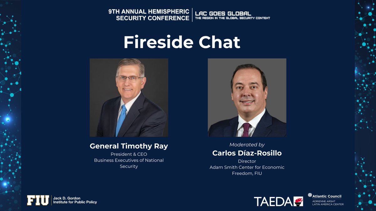 We are officially 0️⃣1️⃣ week away from #HSC2024! Join us for an interesting conversation between @BENS_org CEO General Timothy Ray and @AdamSmithCenter Director Carlos Díaz-Rosillo! Register for #HSC2024 at go.fiu.edu/HSC2024 #NationalSecurity