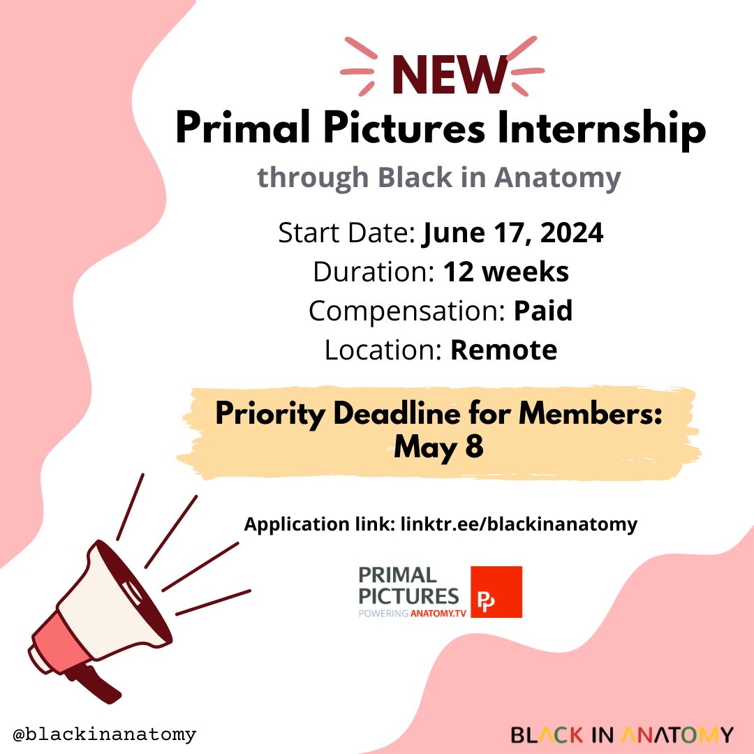 📢 Passionate about anatomy and ED&I? Join @PrimalPictures for a 12-week *paid* summer internship starting in June! #BlackinAnat members, apply by May 8 for a priority review. Dive into anatomy while championing diversity. Don't miss this opportunity! 👇🏾 careers.norstella.com/jobs/14266459-…