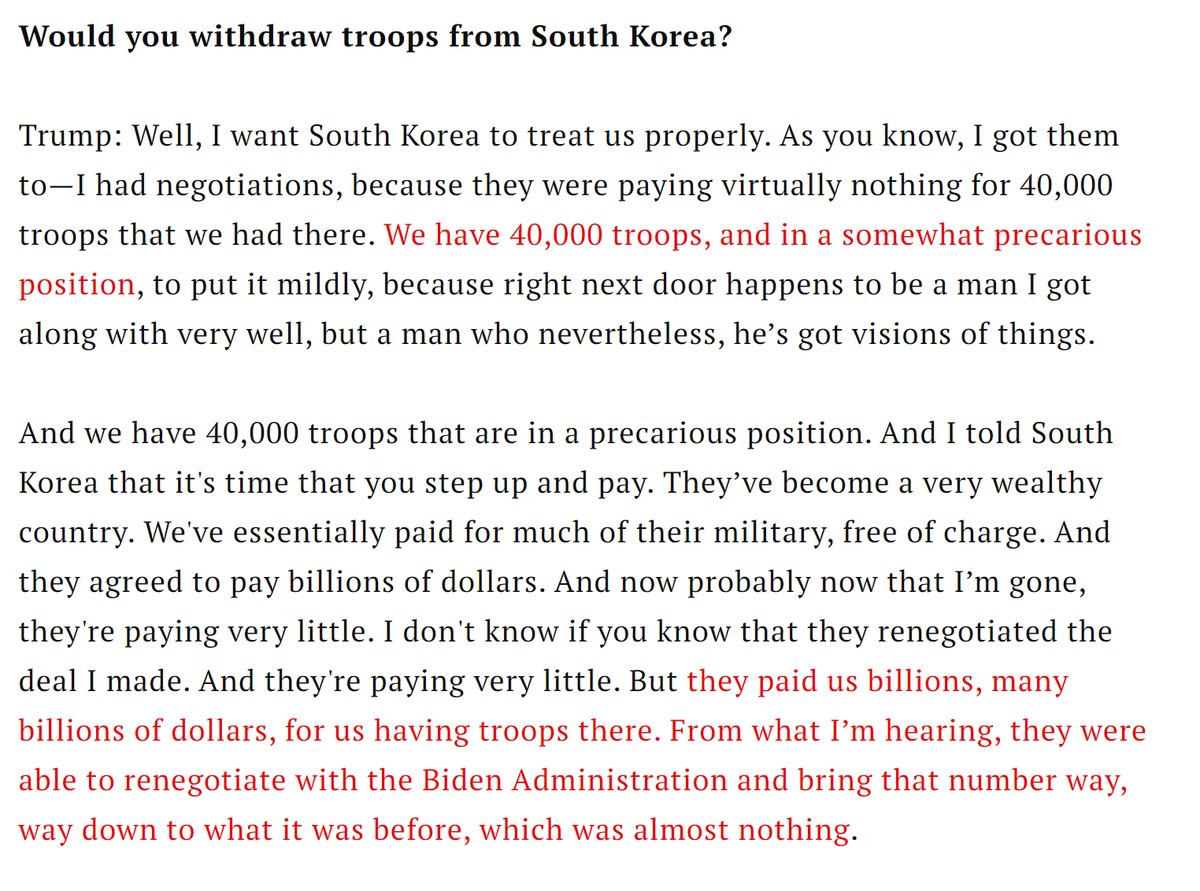 In former President Trump's @TIME interview on Tuesday, he was asked about our troops in Korea. This is not the 1st time he expressed that allies have to treat us properly & pay more. @CSIS @VictorDCha documented 120+ similar statements since 1990 ⬇️ beyondparallel.csis.org/database-donal…