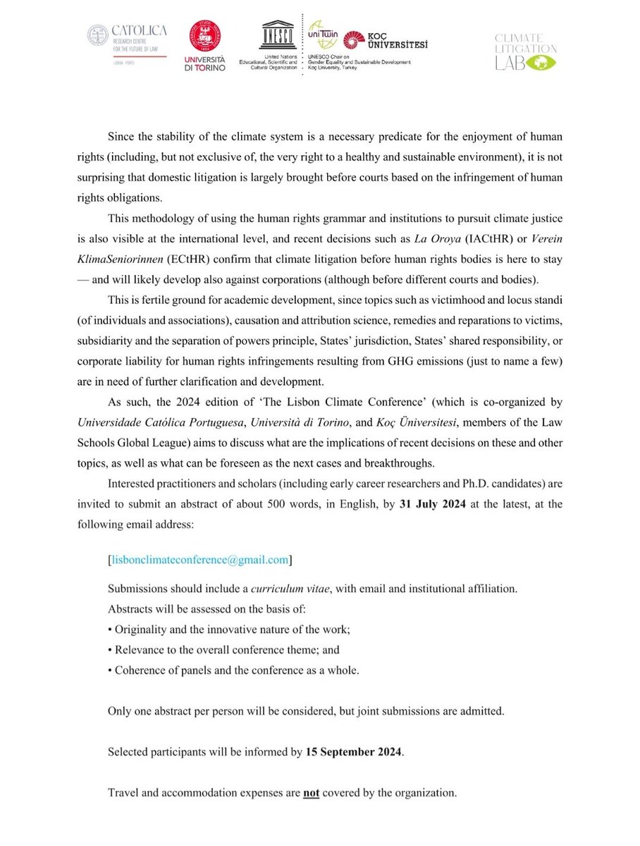 The Lisbon 2024 Climate Conference is on October 24.

This year's theme, "Human Rights and Climate Change: Where Next?" is timely and crucial as recent cases such as La Oroya (IACtHR) and Verein KlimaSeniorinnen (ECtHR) affirm the enduring presence of climate litigation.