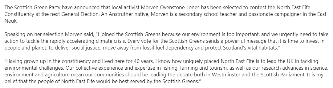 The Scottish Greens have picked a candidate to stand in North East Fife at the next election. It's a seat the SNP famously won by just two votes in 2017, before losing it to the Lib Dems in 2019. And the Greens did not stand in either of those elections...
