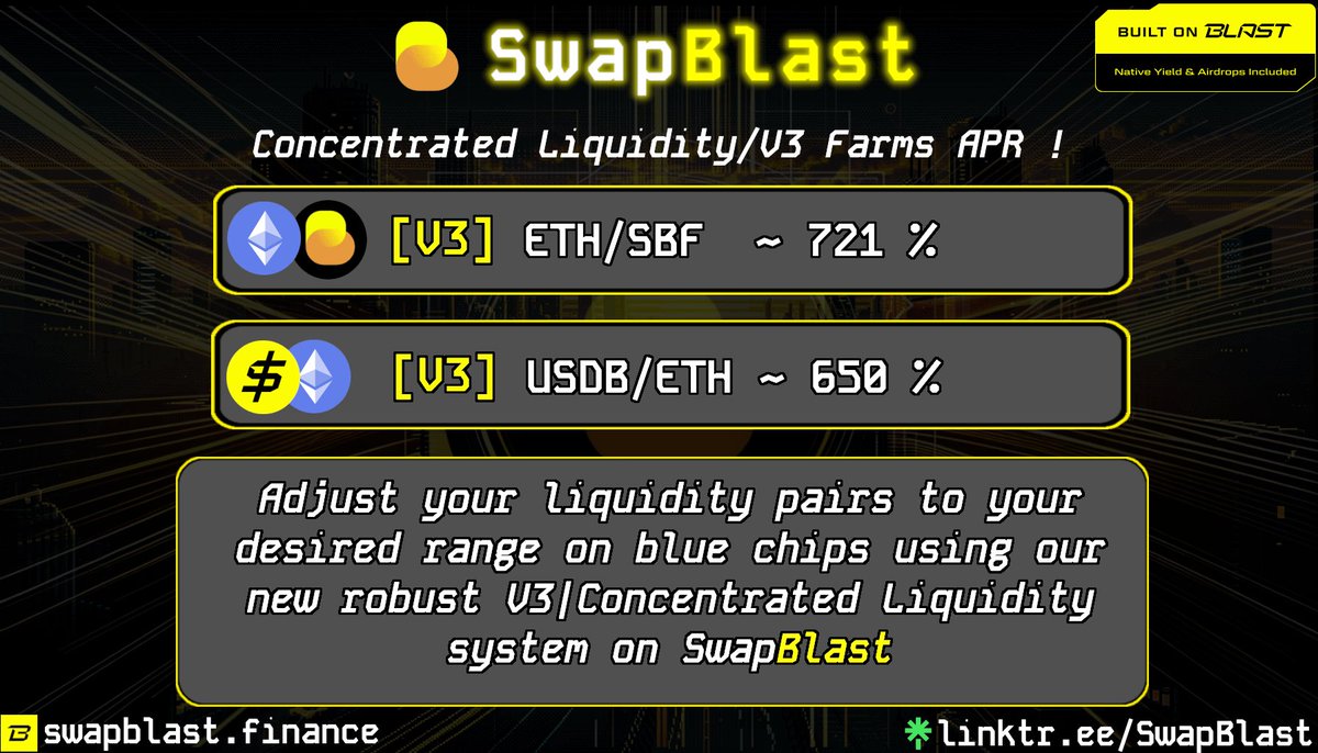 SwapBlast (@swapblast) on Twitter photo APR Update for our new V3 | Concentrated liquidity farms for <a href="/SwapBlast/">SwapBlast</a> on @Blast_L2
β’ $ETH | $SBF ~ 721 %
β’ $USDB | $ETH ~ 650 %
Exclusively on #BlastL2 APR Update for our new V3 | Concentrated liquidity farms for <a href="/SwapBlast/">SwapBlast</a> on @Blast_L2
β’ $ETH | $SBF ~ 721 %
β’ $USDB | $ETH ~ 650 %
Exclusively on #BlastL2