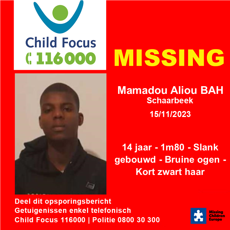 Verdwijning van Mamadou Aliou #BAH te #SCHAARBEEK op 15/11/2023 Getuigenissen telefonisch Child Focus 116 000 | Politie 0800 30 300 childfocus.be/nl-be/Verdwijn… PLZ RT