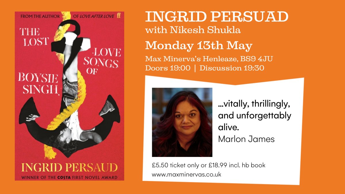 What are you doing on Mon 13th May? You're joining @IngridPersaud as she discusses #thelostlovesongsofboysiesingh, with Nikesh Shukla. Four lives, controlled by one man. A book described by Marlon James as 'unforgettably alive'. @FaberBooks maxminervas.co.uk/collections/ev…