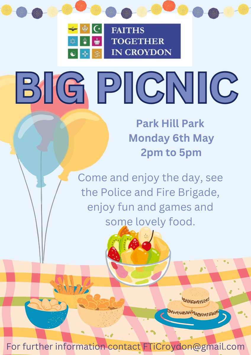 Join Faith Together in Croydon's popular Picnic in the park! 6 May 2024 croydoncc.wordpress.com/2024/04/22/fti… with @FTiCroydon Food, games, police, fire engine and MORE!