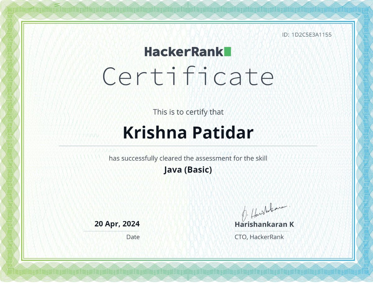 Hey everyone! Just earned my Java (Basic) certificate from @hackerrank 🎉 Got a score of 90/100! Four multiple choice questions and two problem-solving ones already conquered. Let's ace this! @java @Oracle @Oraclejavamag #programming #DSA