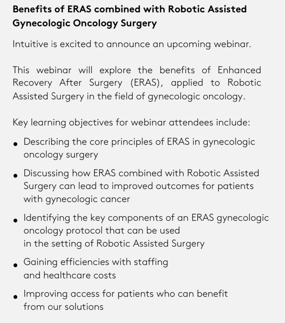 Please join us on May 28 at 11 am ET/5 pm CEST ⏰ to hear about the benefits of #ERAS and 🤖 #RoboticAssisted #GynOnc surgery @agz_eriksson @leitaomd @HansDonaldeBoer @SGO_org @IGCSociety @ESGO_society @GynMe4 Registration 🔗 gyn-eras-dvras-webinar.com/home