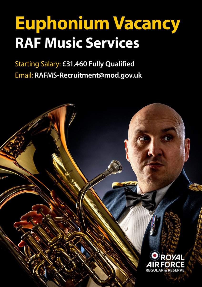 Euphonium players #RAFMusic 🎺✈️🥁is recruiting! 🎶 Fancy earning £31,460 starting salary? Want to play with world class musicians? For more information about a career with @RAFMusic please e-mail: RAFMS-Recruitment@mod.gov.uk Or visit: bit.ly/3GJGMtc #RAFMusic 🎺✈️🥁